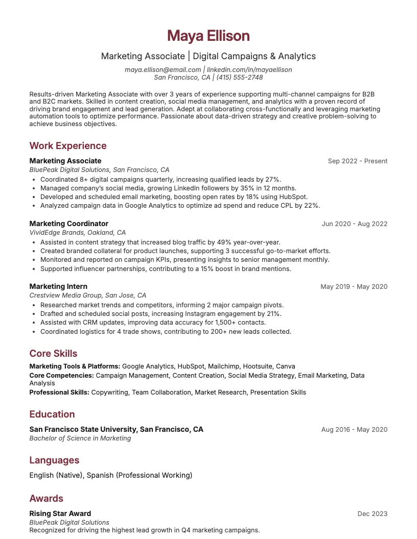 Marketing Associate Resume Example