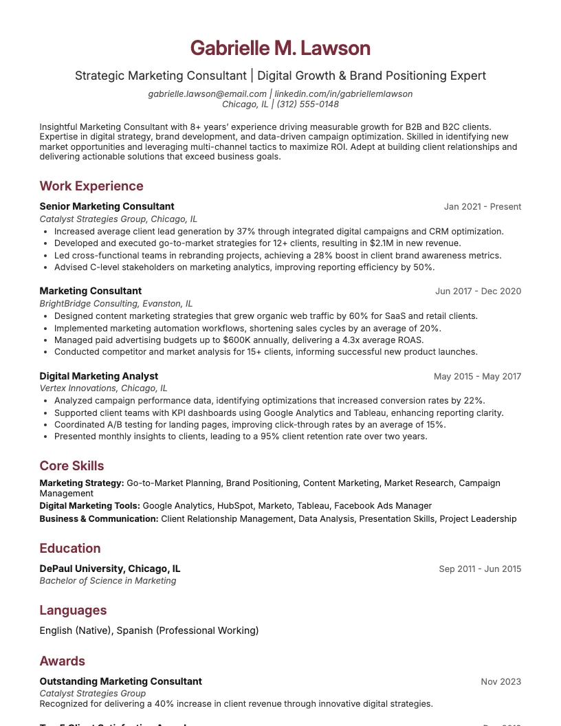 Marketing Consultant Resume Example