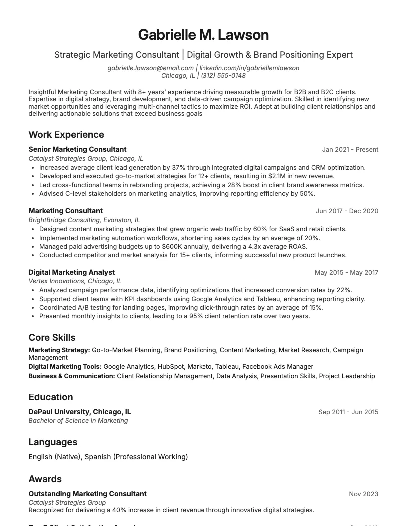 Marketing Consultant Resume Example