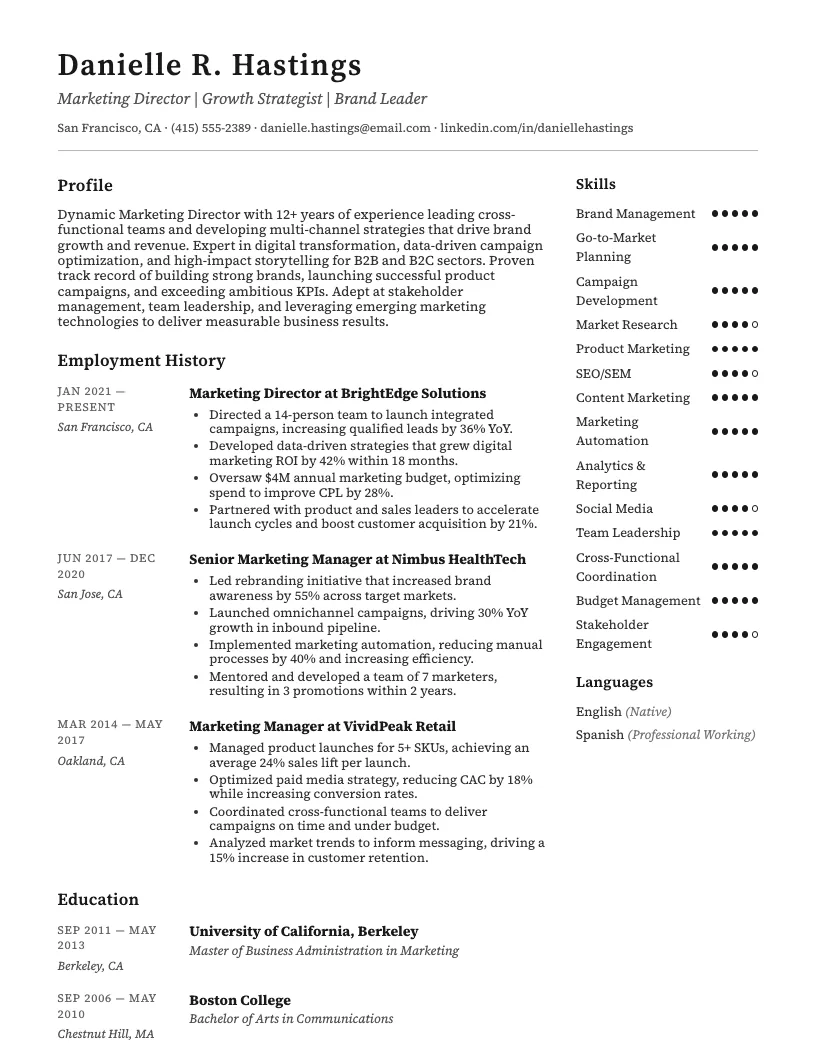 Marketing Director Resume Example