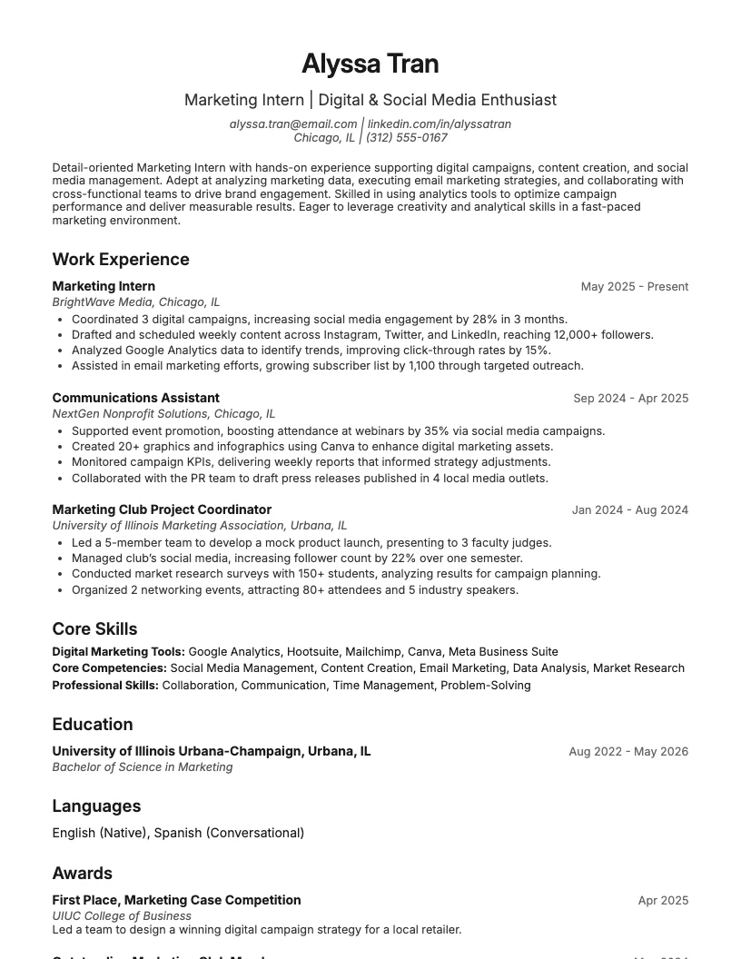Marketing Intern Resume Example