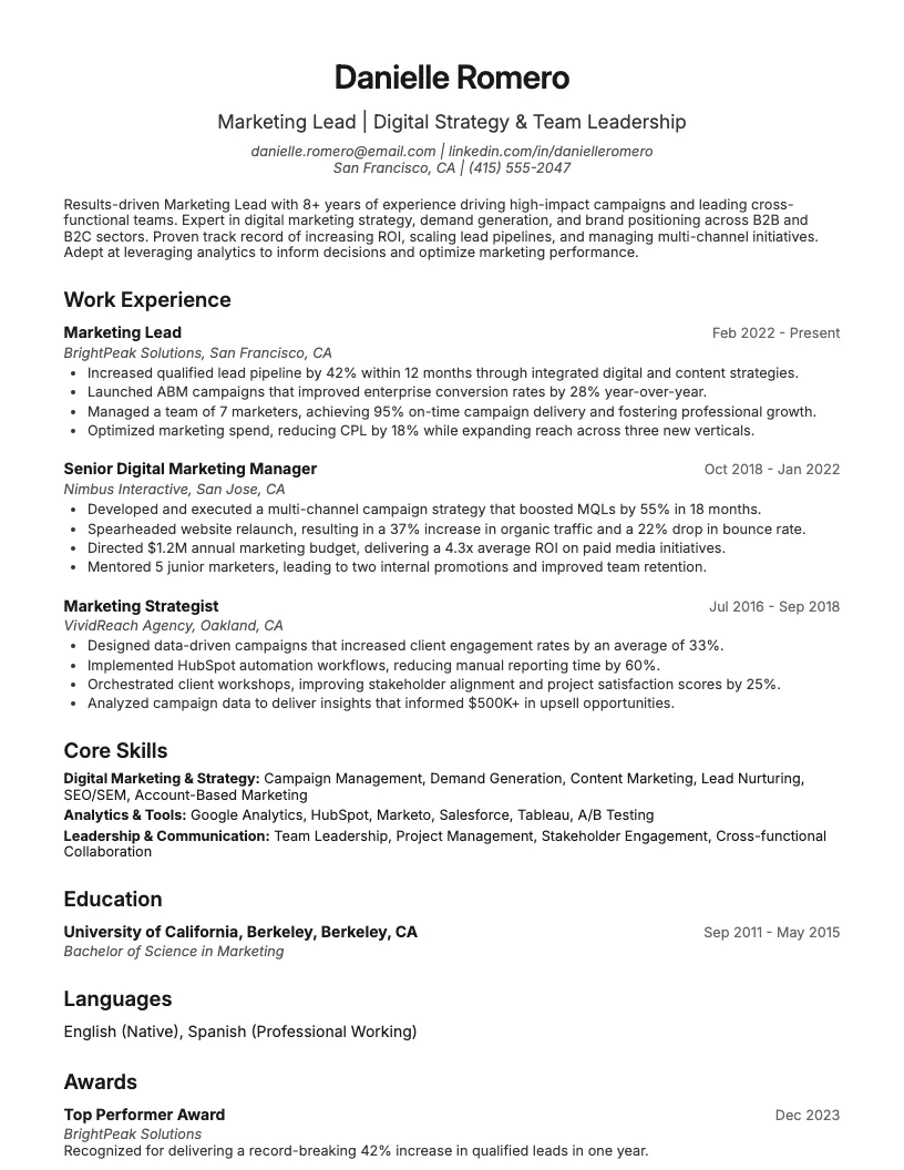 Marketing Lead Resume Example