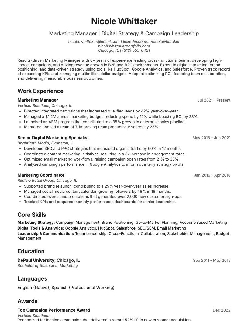 Marketing Manager Resume Example