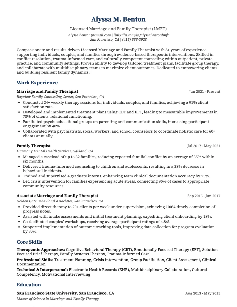 Marriage And Family Therapist Resume Example