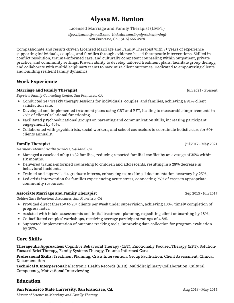 Marriage And Family Therapist Resume Example