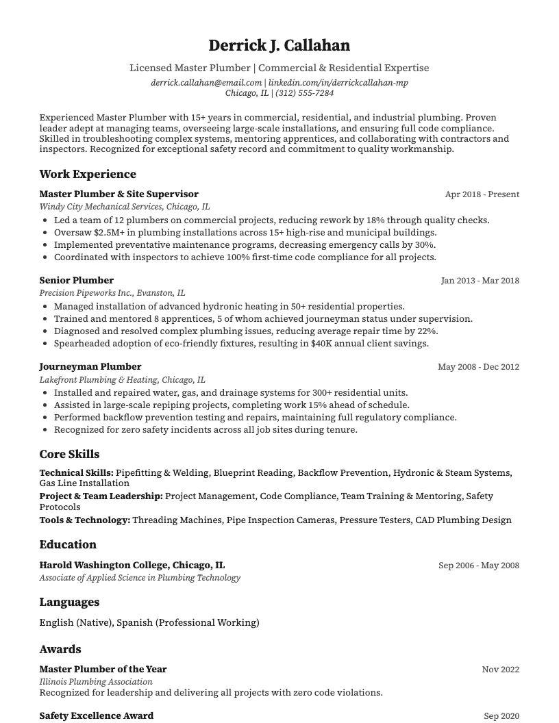 Master Plumber Resume Example