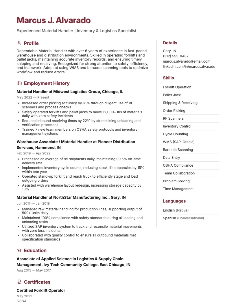 Material Handler Resume Example