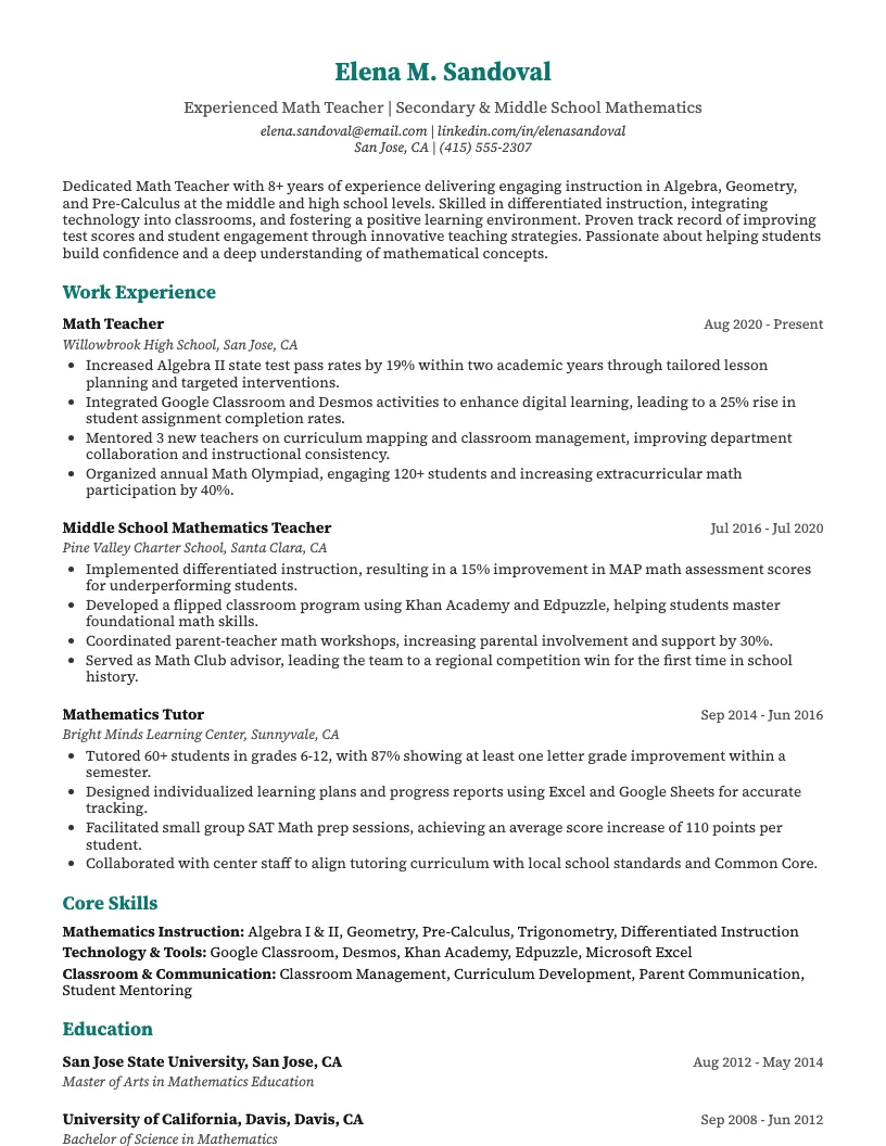 Math Teacher resume example
