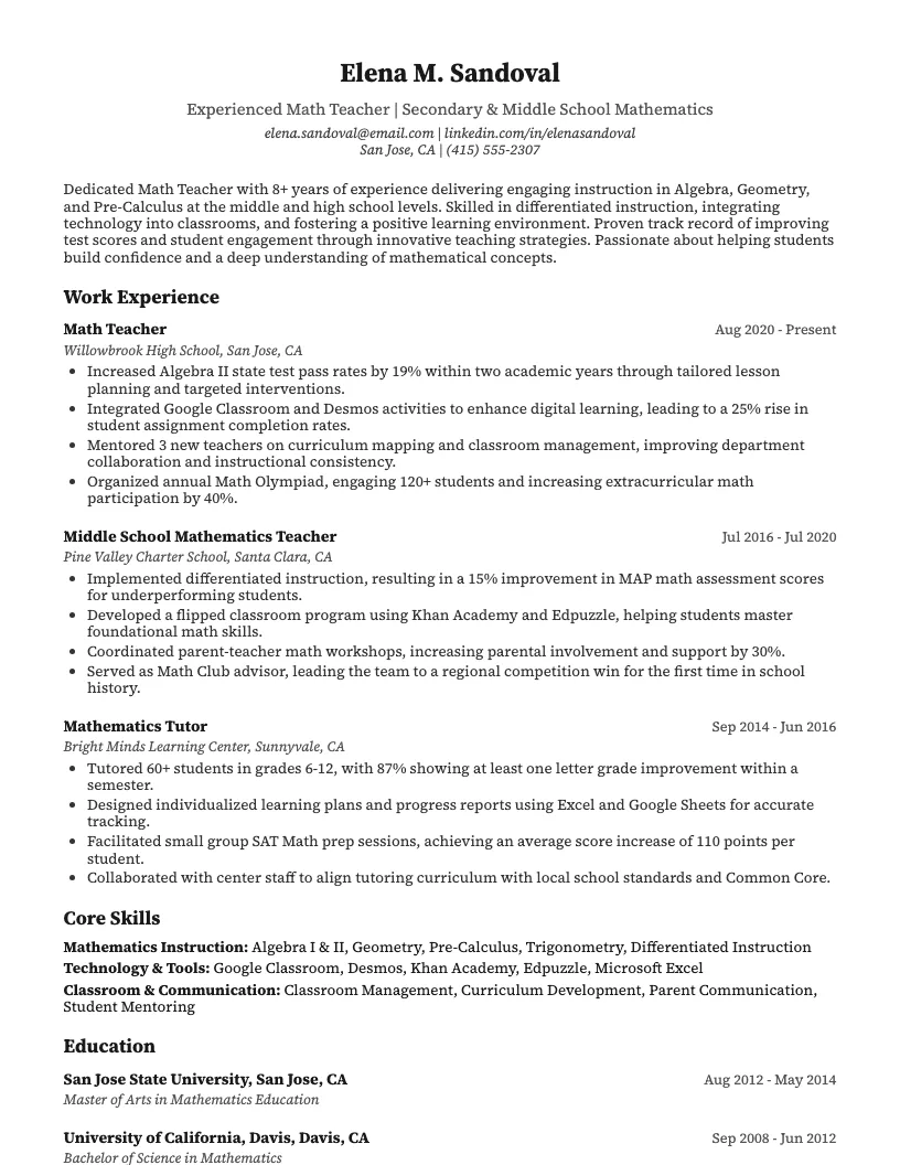 Math Teacher Resume Example