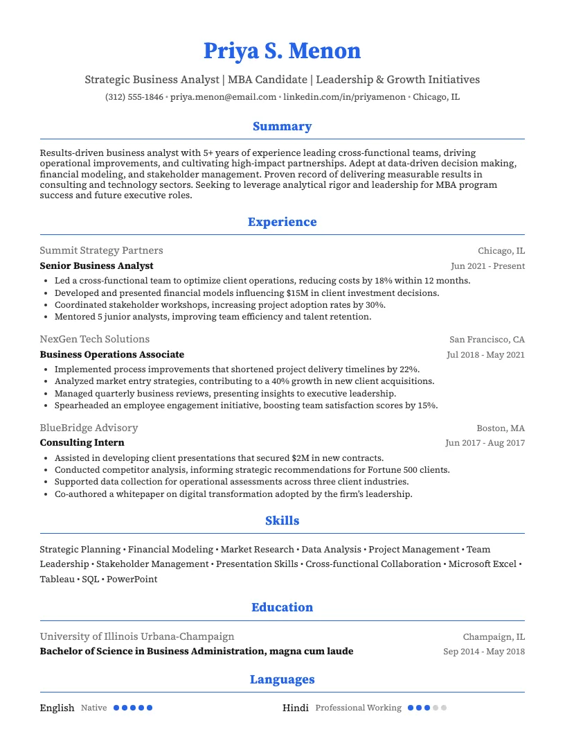 Mba Program Applicant Resume Example