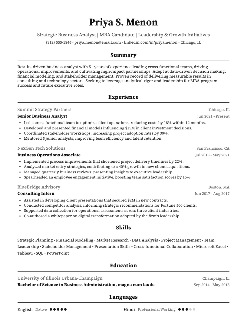 Mba Program Applicant Resume Example