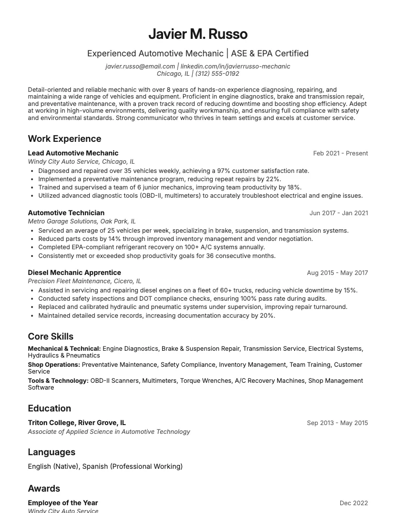 Mechanic Resume Example