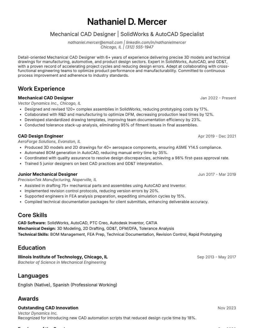 Mechanical Cad Designer Resume Example