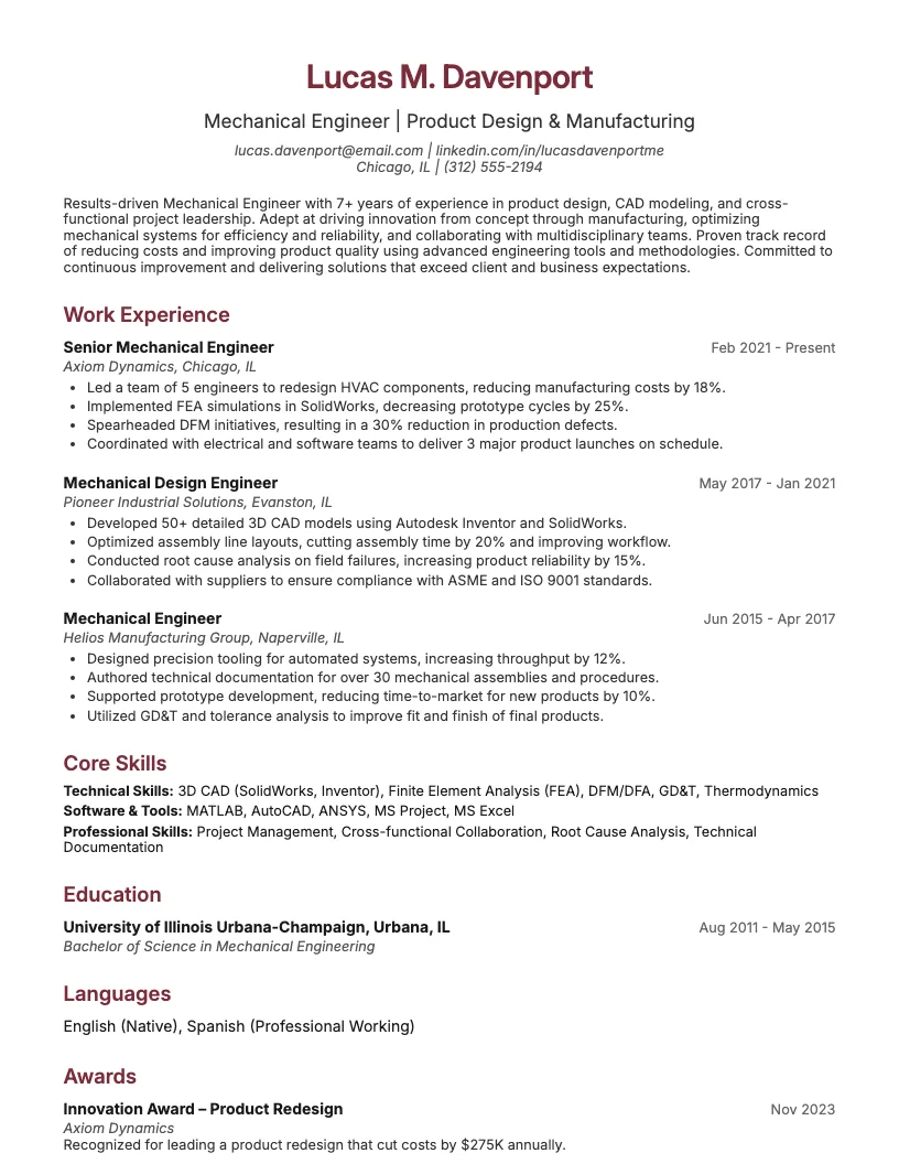 Mechanical Engineer resume example