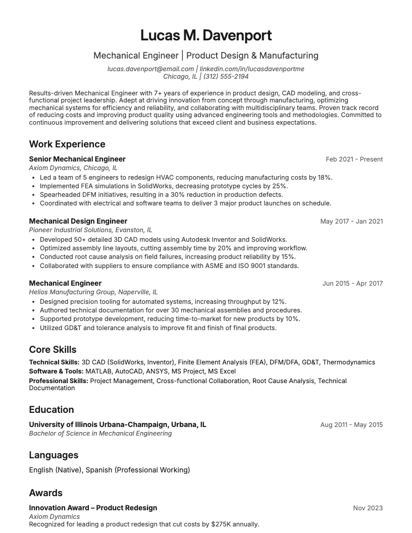 Mechanical Engineer Resume Example