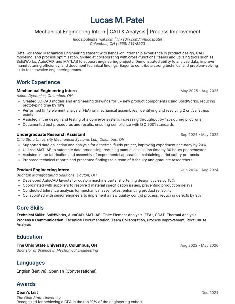 Mechanical Engineering Intern Resume Example