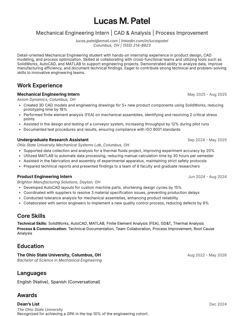 Mechanical Engineering Intern Resume Example