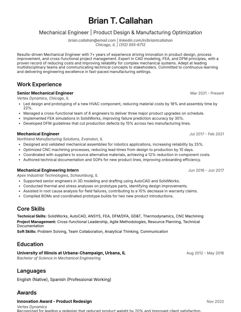 Mechanical Engineering Resume Example