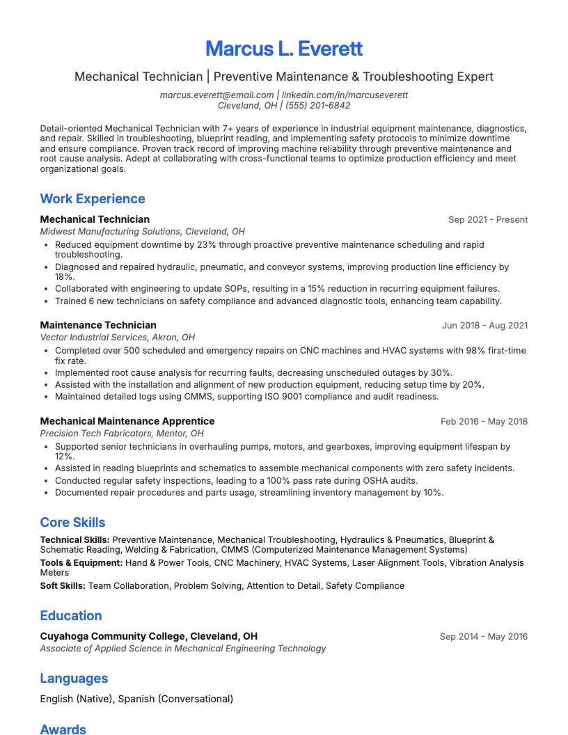 Mechanical Technician Resume Example