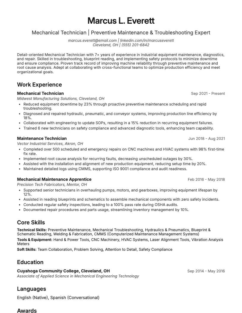 Mechanical Technician Resume Example