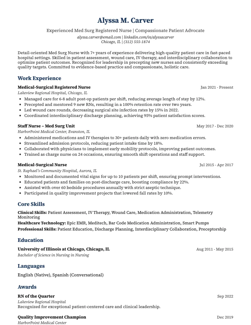 Med Surg Nurse Resume Example