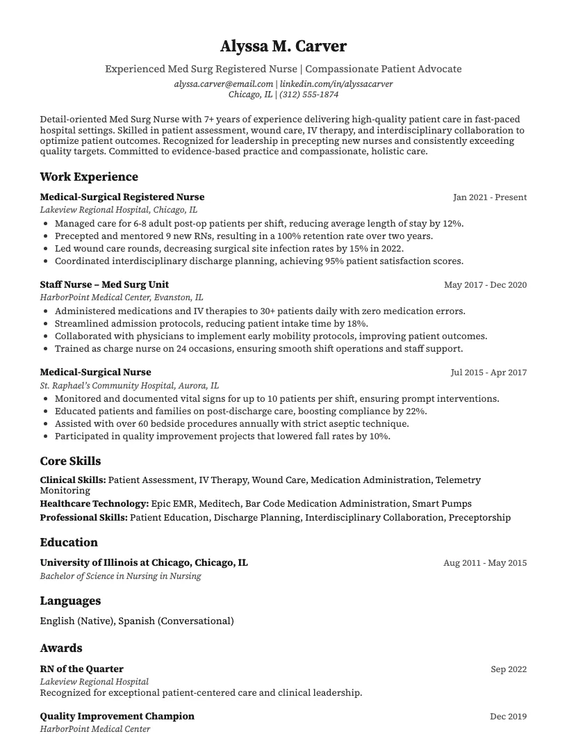 Med Surg Nurse Resume Example