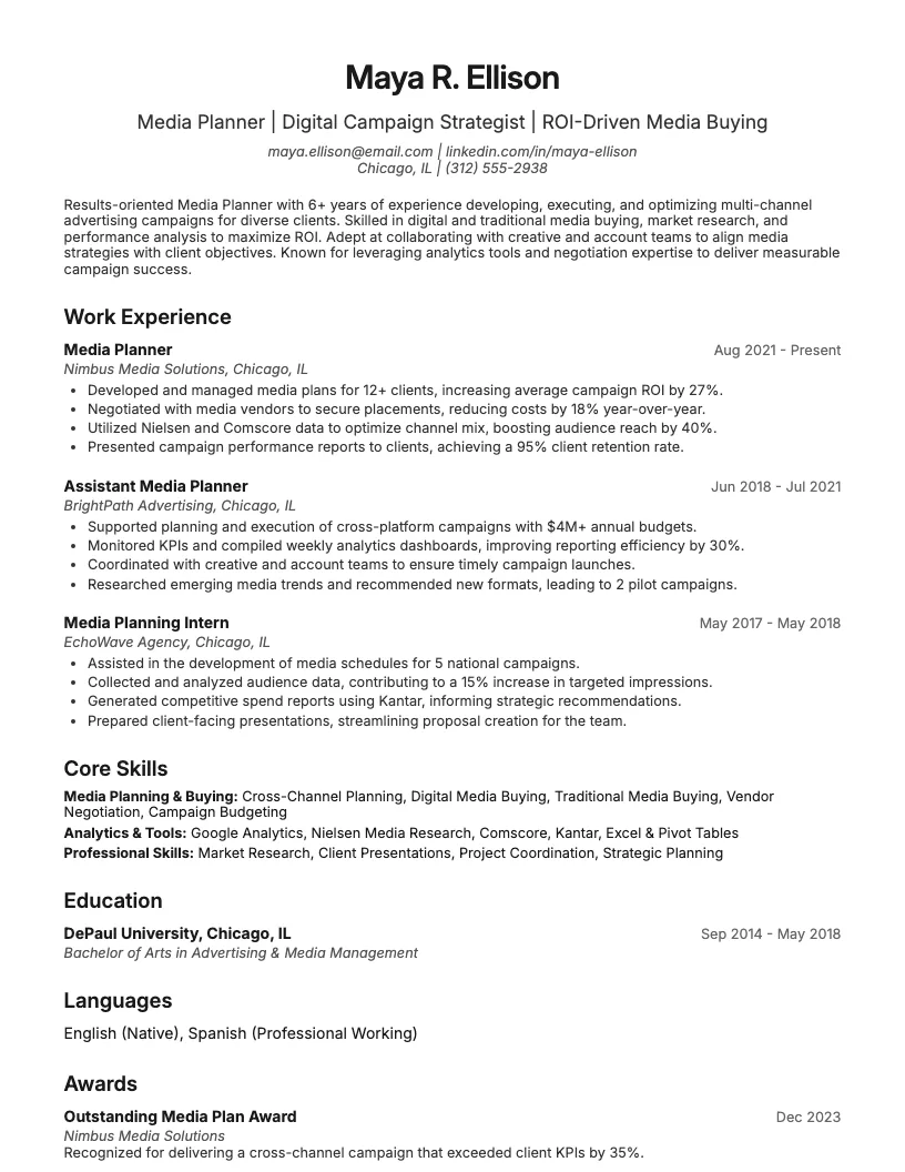 Media Planner Resume Example
