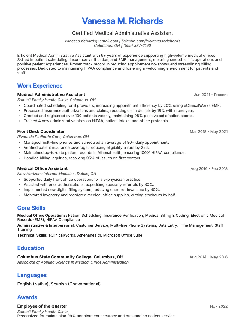 Administrative Medical Assistant Resume Example