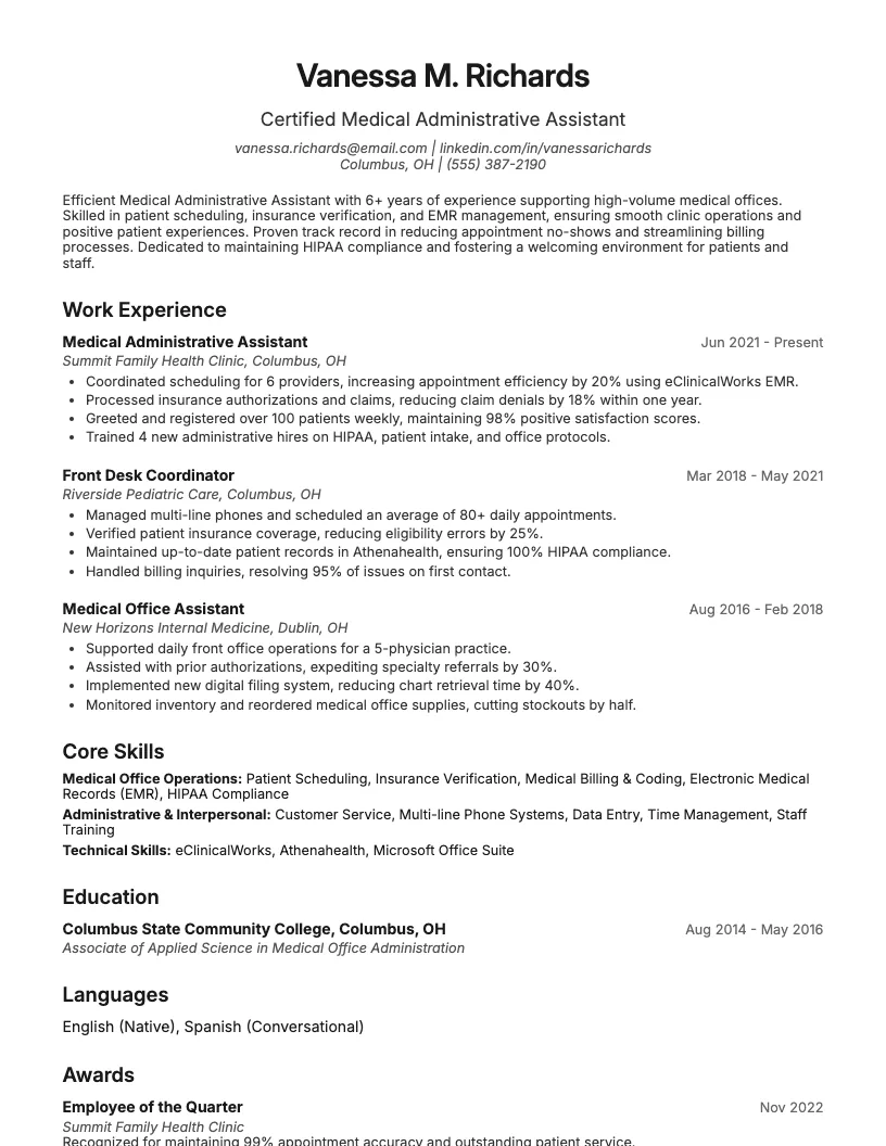 Medical Administrative Assistant Resume Example