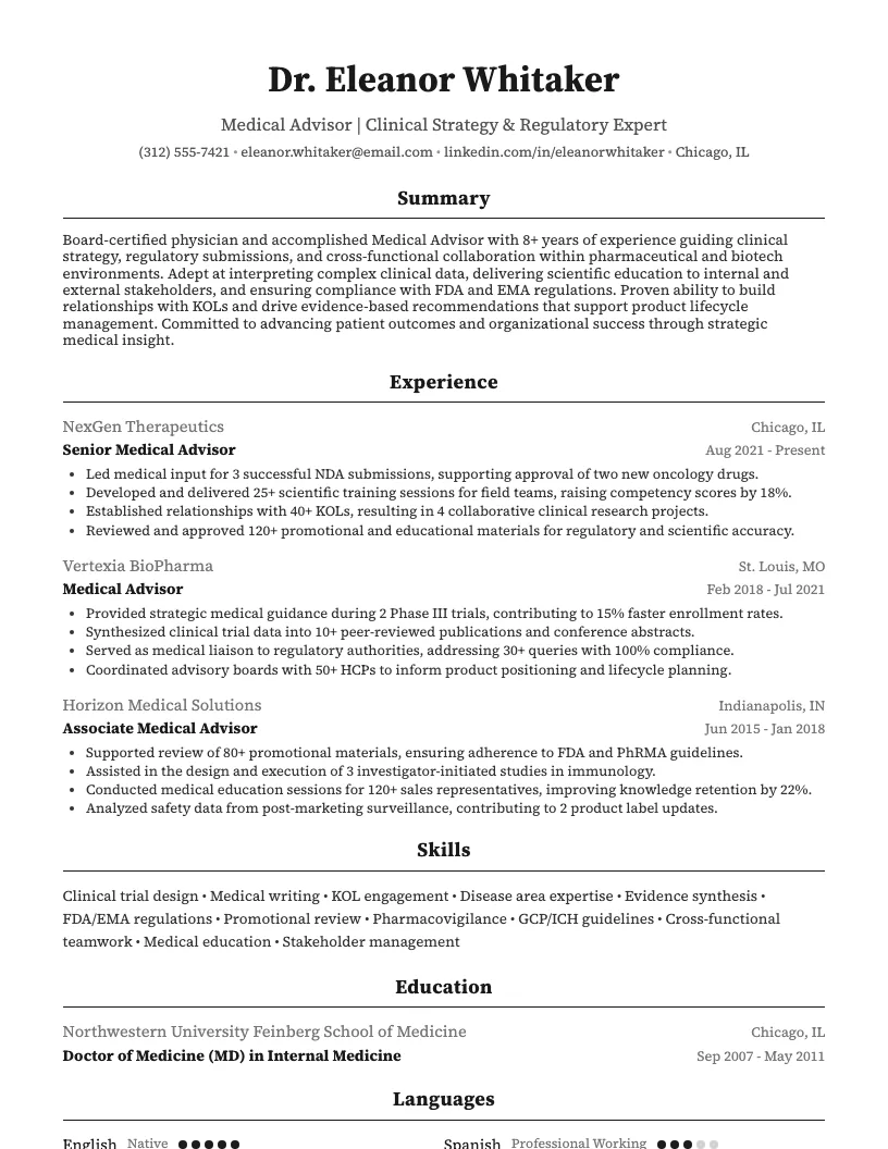 Medical Advisor Resume Example