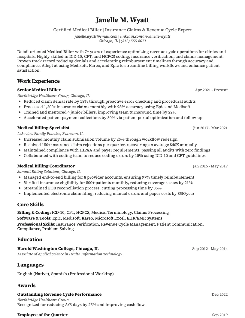 Medical Biller Resume Example