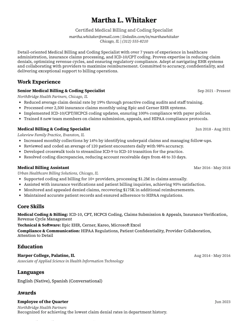 Medical Billing And Coding Specialist Resume Example