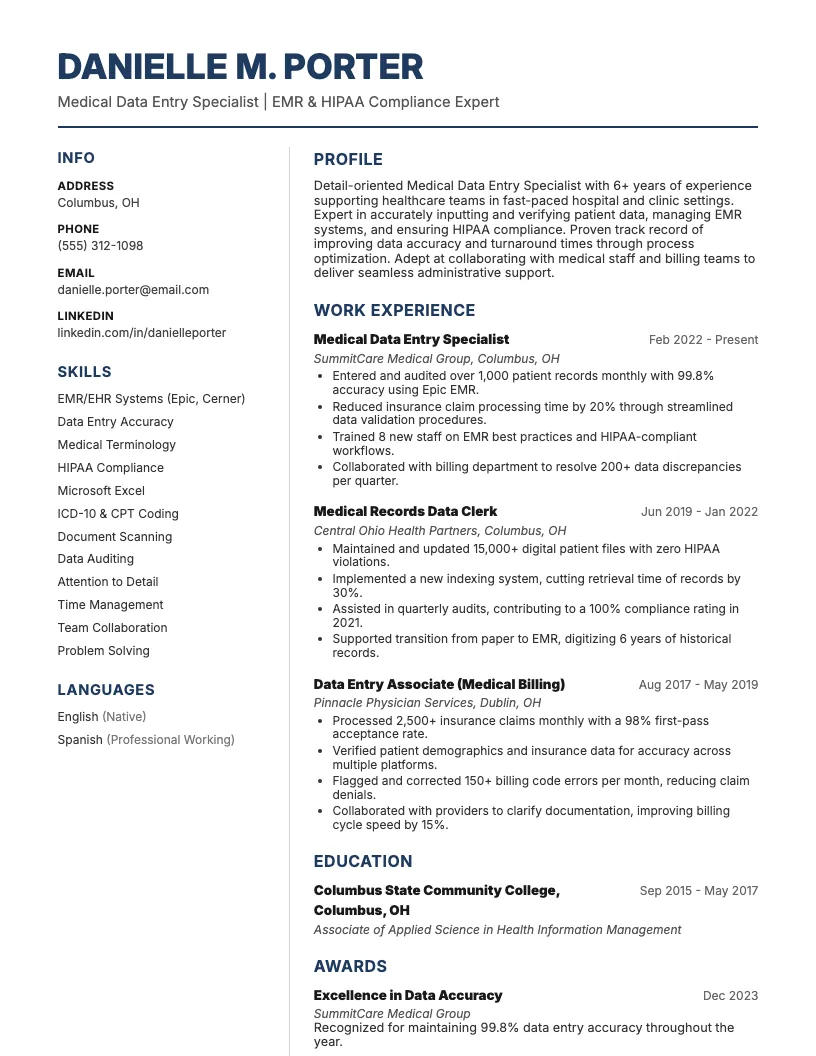 Medical Data Entry Specialist Resume Example