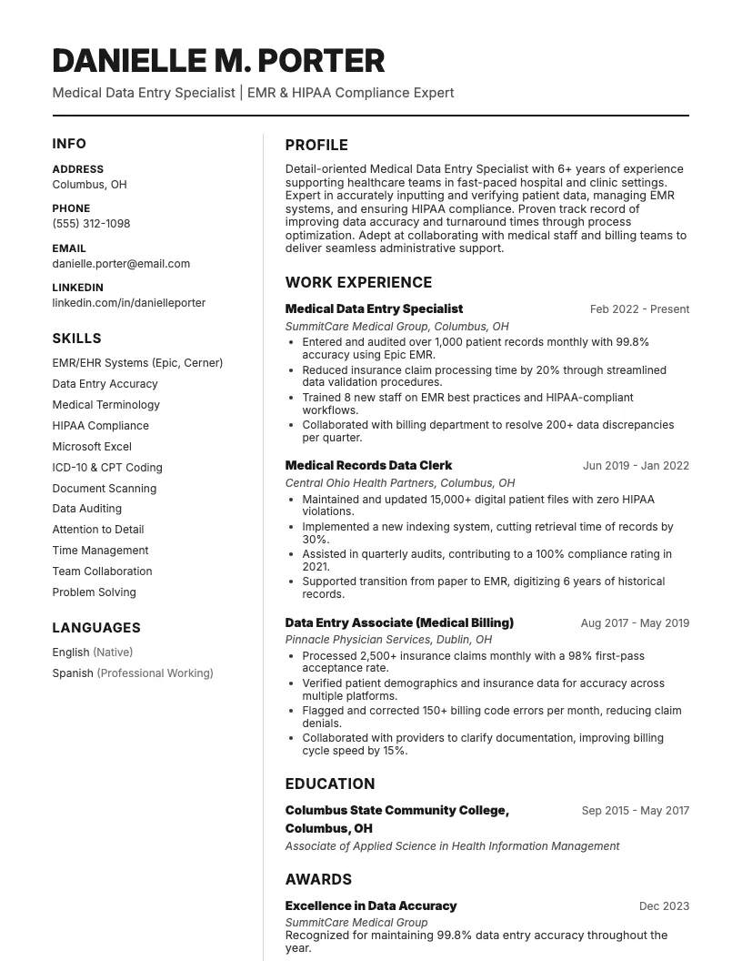 Medical Data Entry Specialist Resume Example