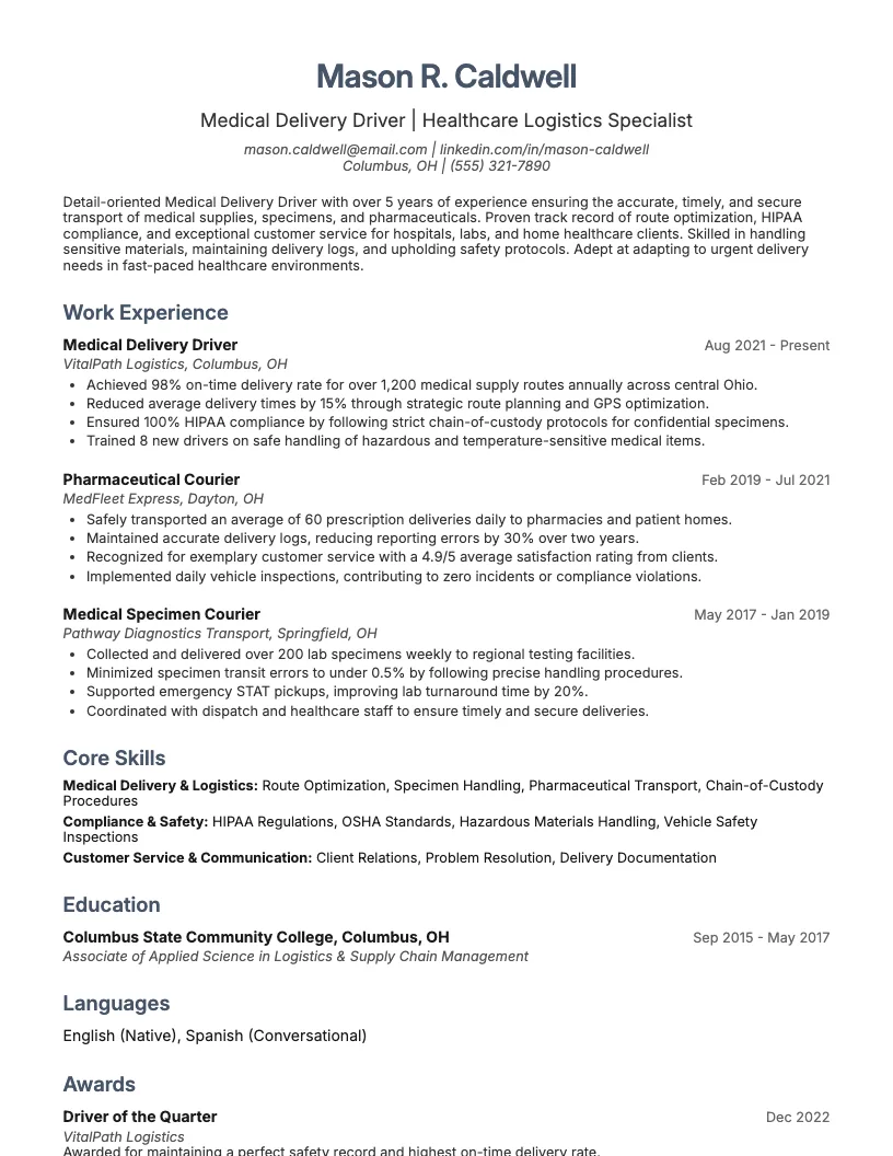 Medical Delivery Driver Resume Example