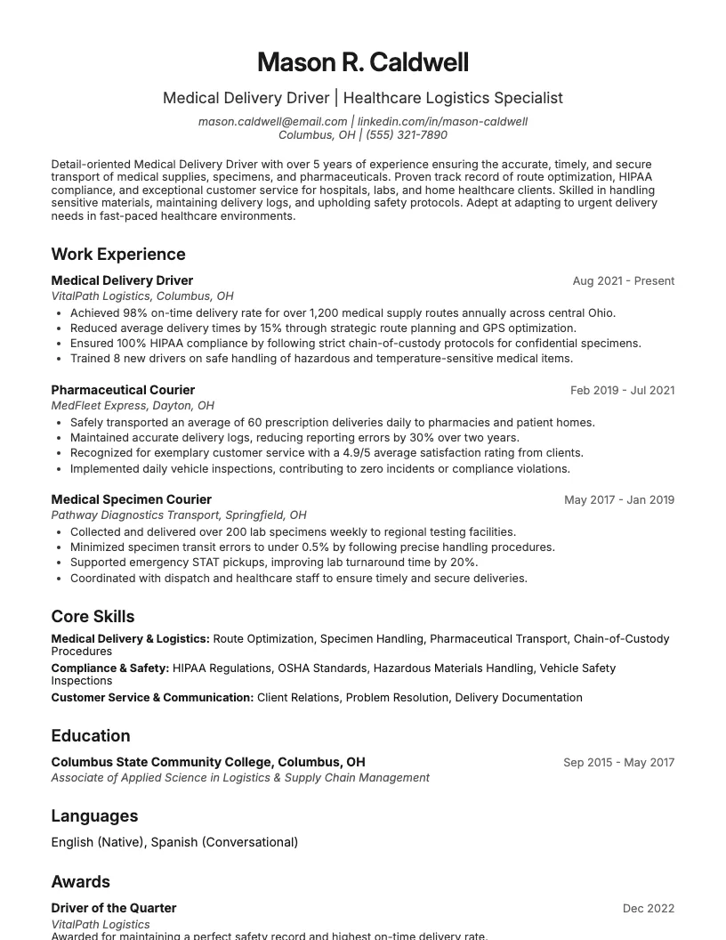 Medical Delivery Driver Resume Example