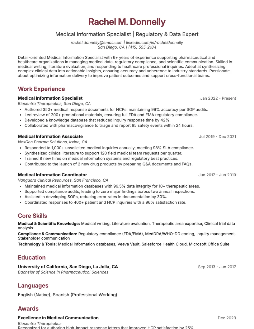Medical Information Specialist Resume Example