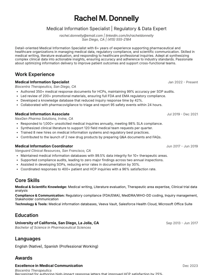 Medical Information Specialist Resume Example