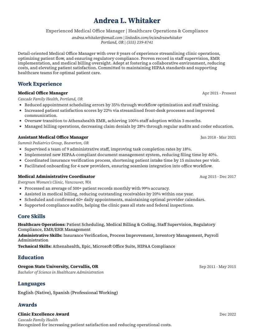 Medical Office Manager Resume Example