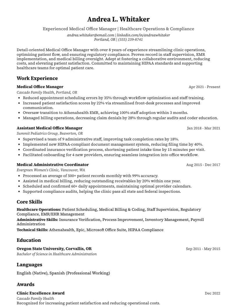 Medical Office Manager Resume Example