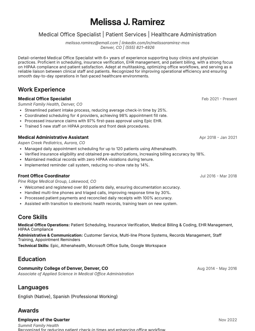 Medical Office Specialist Resume Example