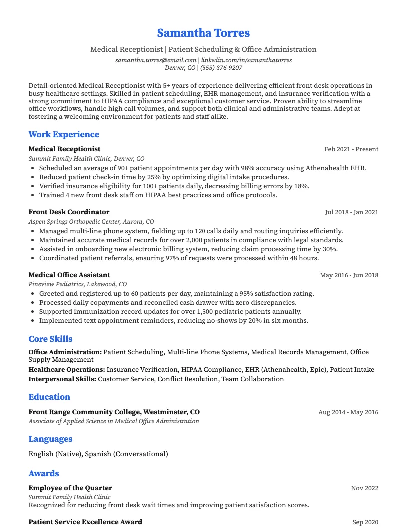 Medical Receptionist Resume Example