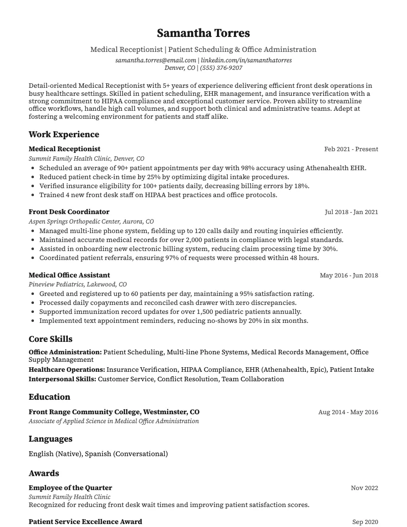 Medical Receptionist Resume Example