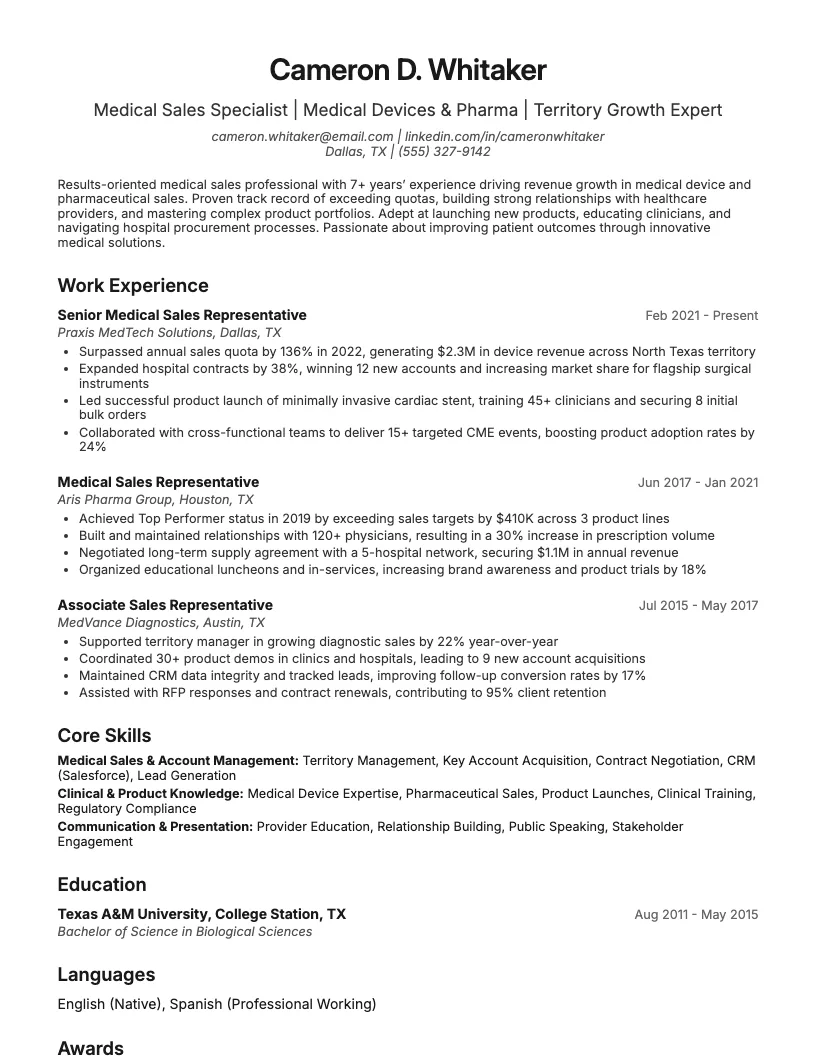 Medical Sales Resume Example