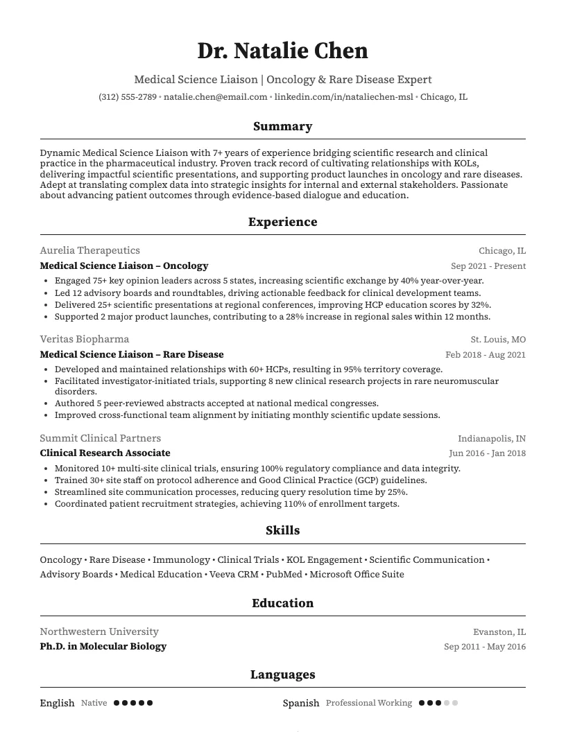 Medical Science Liaison Resume Example