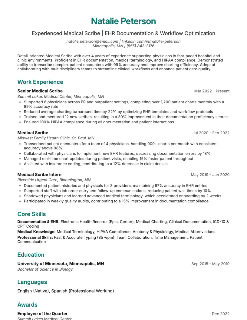 Medical Scribe Resume Example