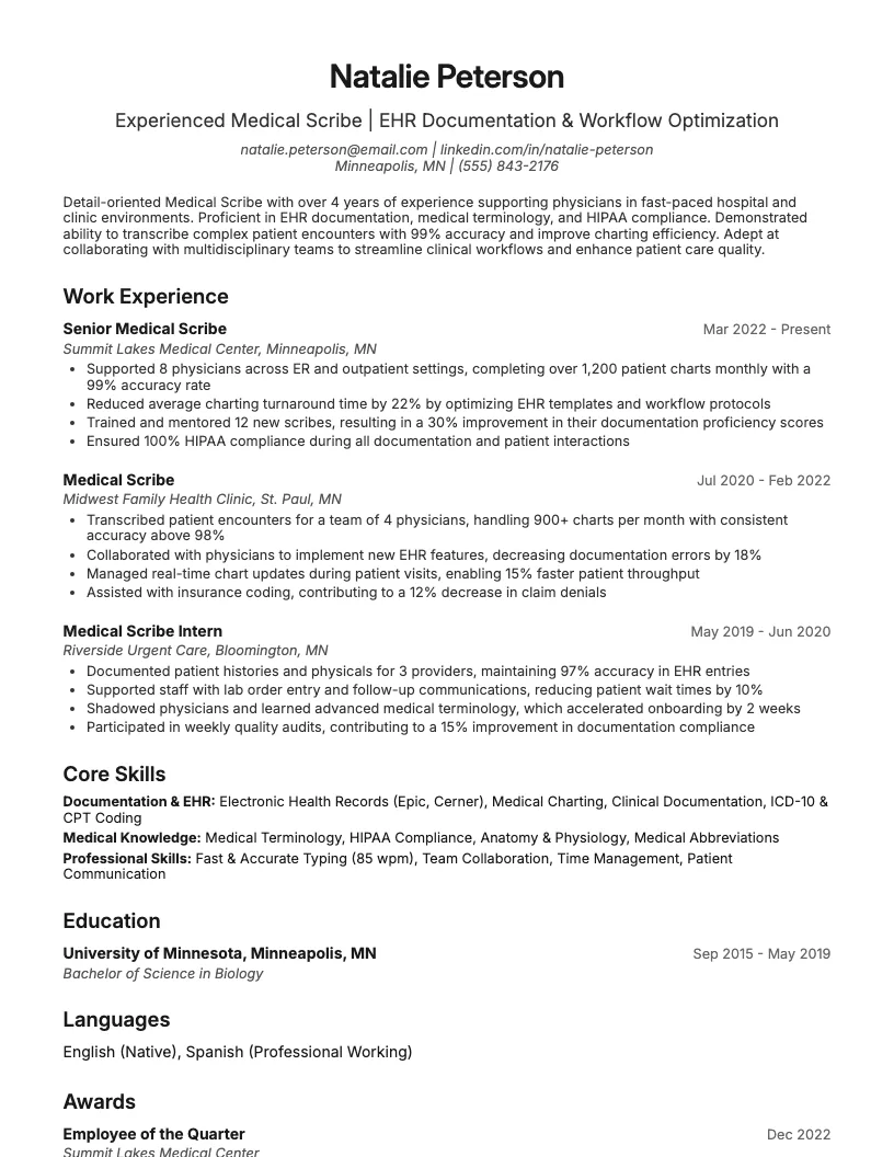 Medical Scribe Resume Example
