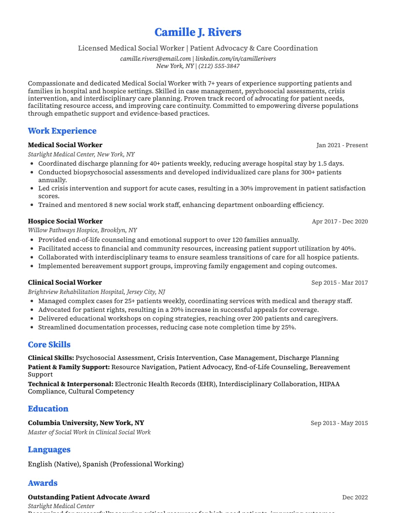 Medical Social Worker Resume Example