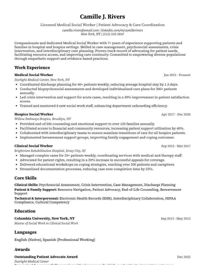 Medical Social Worker Resume Example