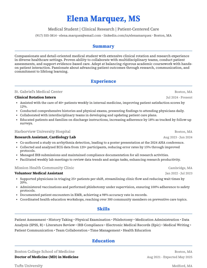 Medical Student Resume Example